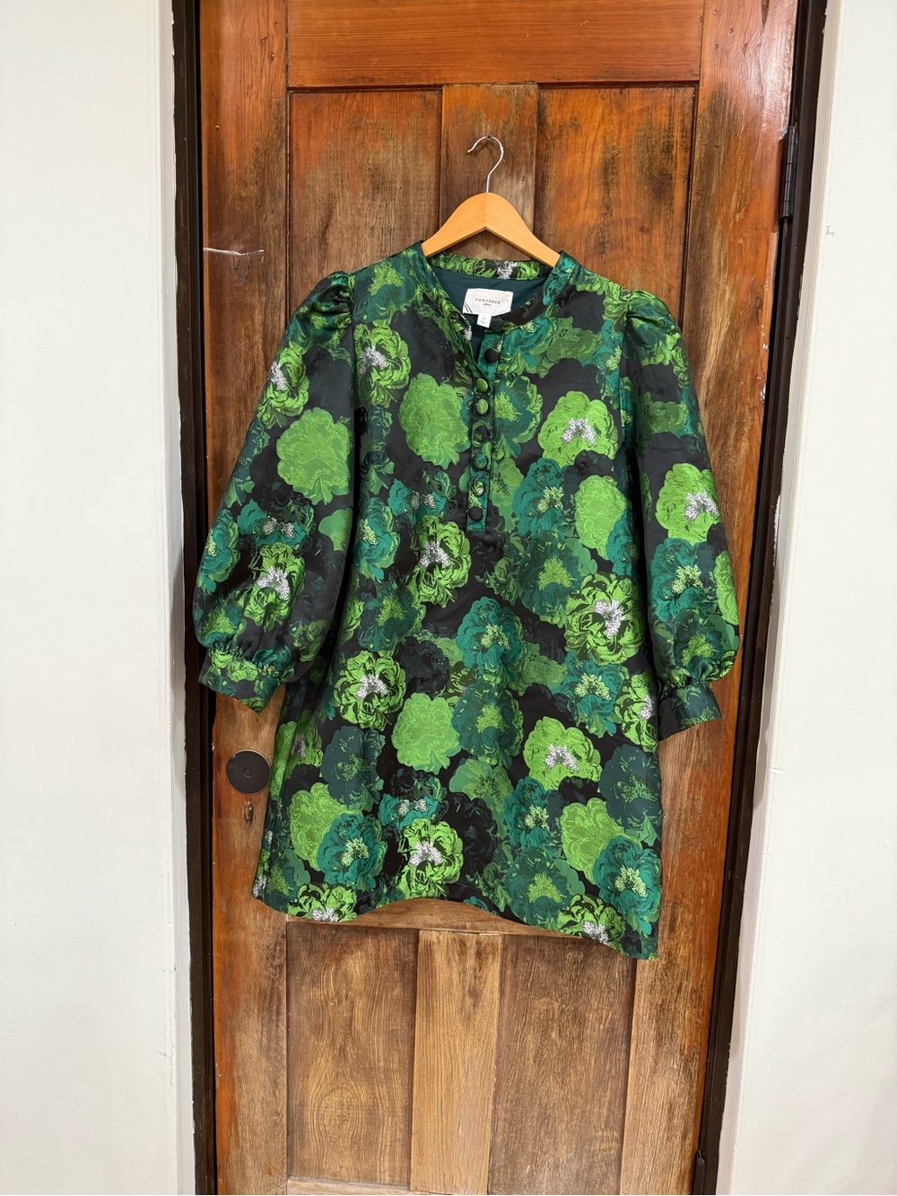 Green Floral Puff-Sleeve Tunic with Button Front